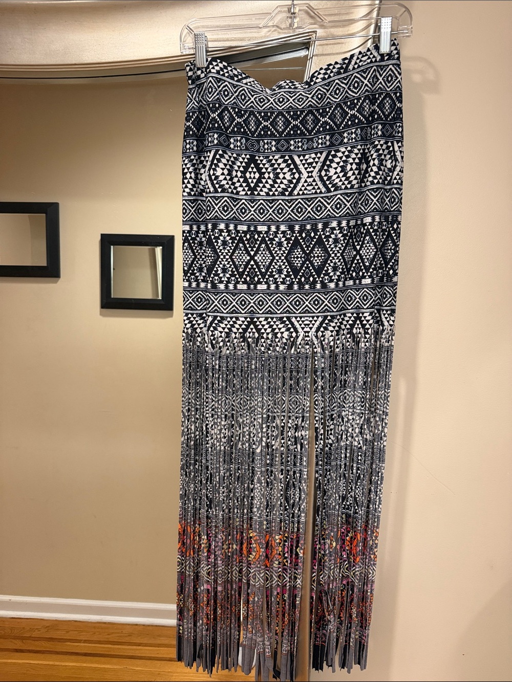 VENUS Black & White Geometric Fringe Maxi Skirt with Multicolor Hem